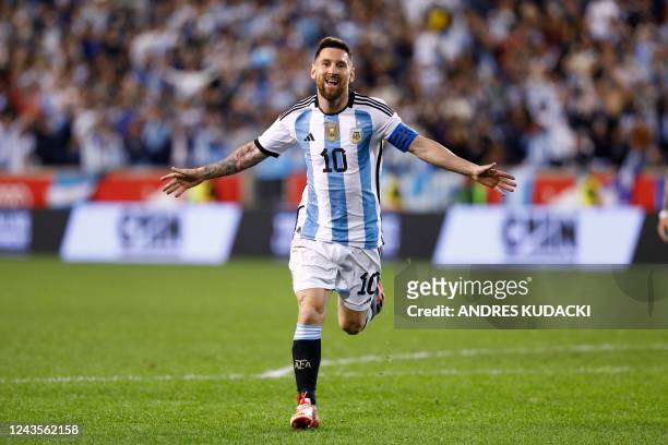 Argentina's Lionel Messi celebrates scoring a goal during the international friendly football match between Argentina and Jamaica at Red Bull Arena...
