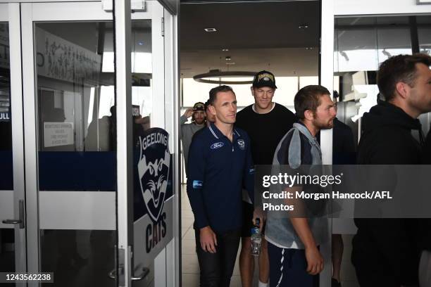 Joel Selwood of the Cats arrives during the 2022 Geelong Cats Media Opportunity at GMHBA Stadium on September 28 in Geelong, Australia.