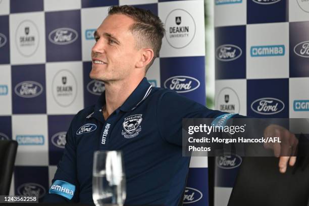 Joel Selwood of the Cats announces his retirement during the 2022 Geelong Cats Media Opportunity at GMHBA Stadium on September 28 in Geelong,...