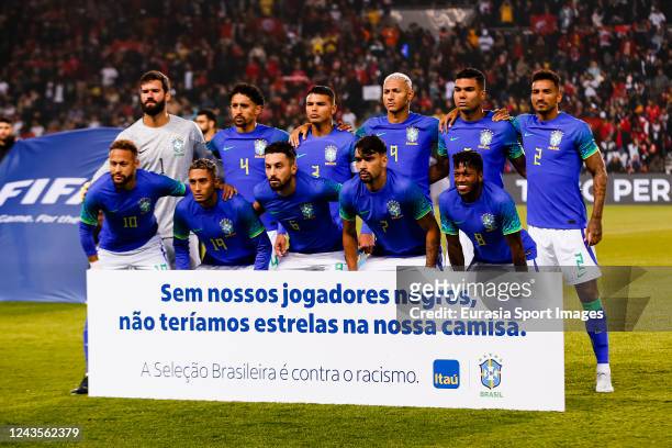 Brazil squad poses for team photo with Goalkeeper Alisson Becker, Marcos Correa, Thiago Silva, Richarlison de Andrade, Carlos Casemiro, Danilo da...