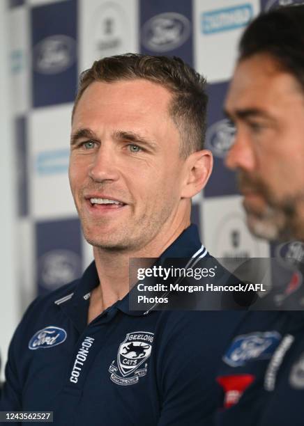 Joel Selwood of the Cats announces his retirement during the 2022 Geelong Cats Media Opportunity at GMHBA Stadium on September 28 in Geelong,...