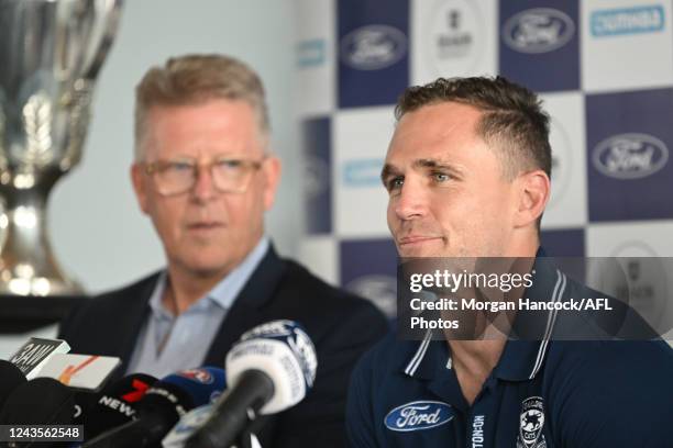 Cats Chief Executive Steve Hocking looks on as Joel Selwood of the Cats announces his retirement during the 2022 Geelong Cats Media Opportunity at...