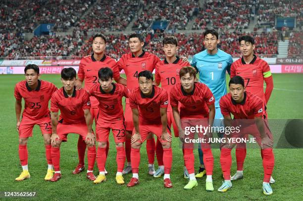 This picture taken on September 27, 2022 shows South Korea's players posing for a team photo standing prior to a friendly football match between...