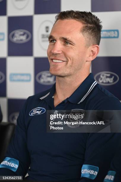 Joel Selwood of the Cats announces his retirement during the 2022 Geelong Cats Media Opportunity at GMHBA Stadium on September 28 in Geelong,...