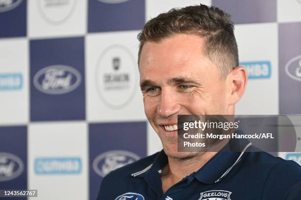 Joel Selwood of the Cats announces his retirement during the 2022 Geelong Cats Media Opportunity at GMHBA Stadium on September 28 in Geelong,...