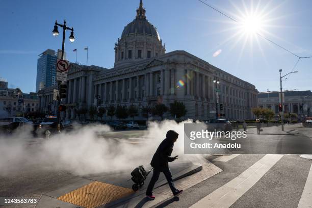 Steam rises from a manhole outside of the San Francisco City Hall in San Francisco, California, United States on September 27, 2022.