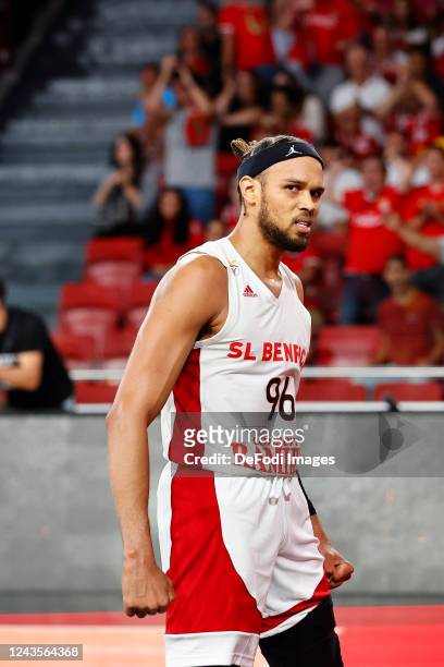 Ivan Almeida of SL Benfica doing a choreography during the Basketball Champions League Qualifiers match between SL Benfica vs Brose Bamberg on...