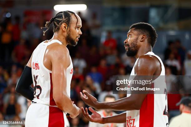 Ivan Almeida of SL Benfica celebrate after winning during the Basketball Champions League Qualifiers match between SL Benfica vs Brose Bamberg on...