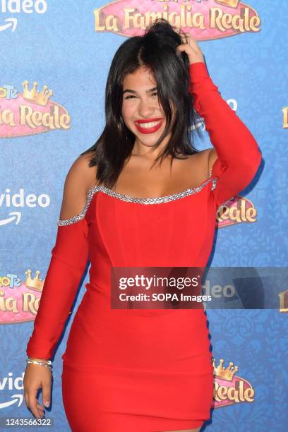 Giulia Sara Salemi attends the Me contro te "La famiglia reale" Prime TV series blue carpet at The Space Moderno Cinema.