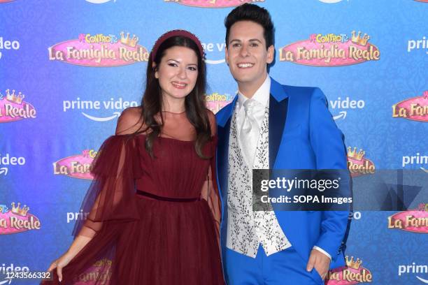 Actress Sofia Scalia and Film writer Luigi Calagna well known as Luì attend the Me contro te "La famiglia reale" Prime TV series blue carpet at The...