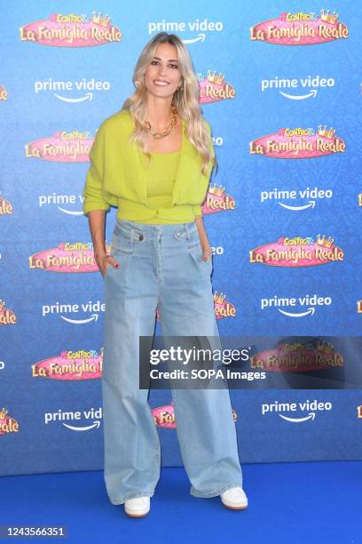 Elena Santarelli attends the Me contro te "La famiglia reale" Prime TV series blue carpet at The Space Moderno Cinema.