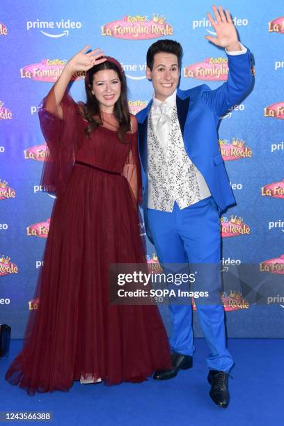 Actress Sofia Scalia and Film writer Luigi Calagna well known as Luì attend the Me contro te "La famiglia reale" Prime TV series blue carpet at The...