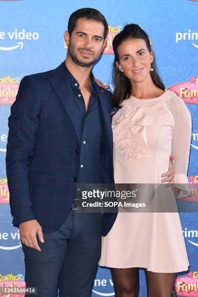 Nunzio Fresi and wife Federica attend the Me contro te "La famiglia reale" Prime TV series blue carpet at The Space Moderno Cinema.