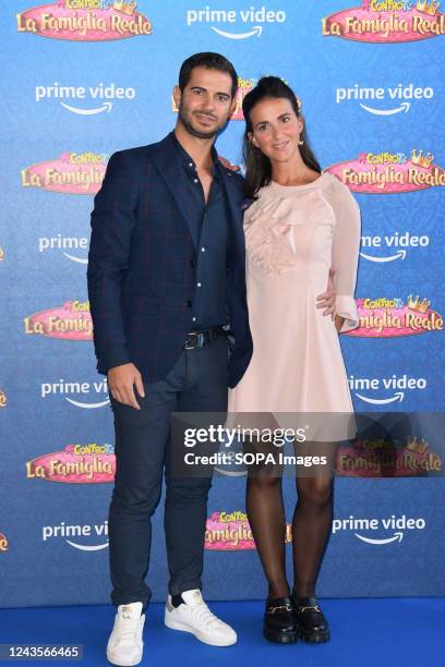 Nunzio Fresi and wife Federica attend the Me contro te "La famiglia reale" Prime TV series blue carpet at The Space Moderno Cinema.