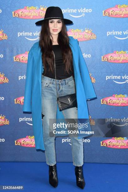 Aurora Celli attends the Me contro te "La famiglia reale" Prime TV series blue carpet at The Space Moderno Cinema.