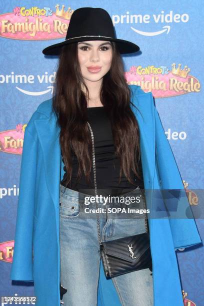 Aurora Celli attends the Me contro te "La famiglia reale" Prime TV series blue carpet at The Space Moderno Cinema.