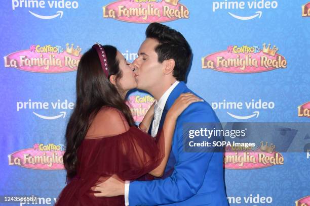 Actress Sofia Scalia and Film writer Luigi Calagna well known as Luì attend the Me contro te "La famiglia reale" Prime TV series blue carpet at The...