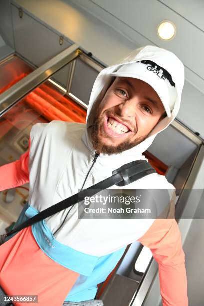 Stephen Curry of the Golden State Warriors gets off the plane as he arrives in Japan for the 2022 NBA Japan Games on September 28, 2022 in Tokyo,...