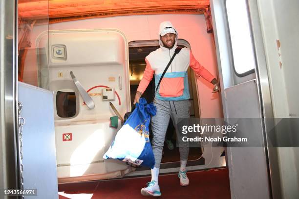 Stephen Curry of the Golden State Warriors gets off the plane as he arrives in Japan for the 2022 NBA Japan Games on September 28, 2022 in Tokyo,...
