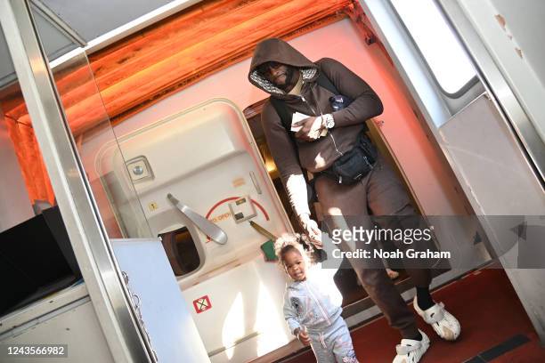 Draymond Green of the Golden State Warriors gets off the plane as he arrives in Japan for the 2022 NBA Japan Games on September 28, 2022 in Tokyo,...