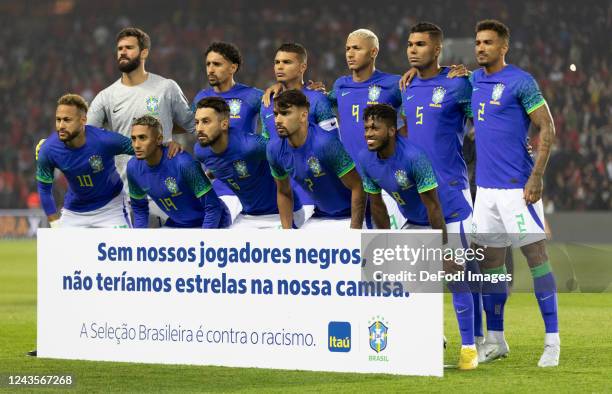 Brazil squad poses for team photo with Goalkeeper Alisson Becker, Marcos Correa, Thiago Silva, Richarlison de Andrade, Carlos Casemiro, Danilo da...