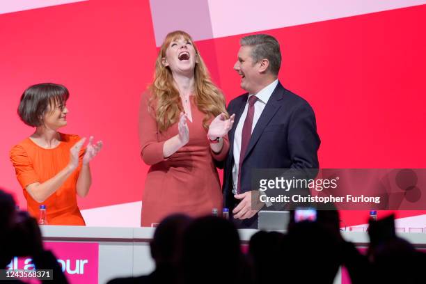 Labour Party leader Sir Keir Starmer and Angela Rayner, Deputy leader of the Labour Party react on the final day of the Labour Party Conference at...