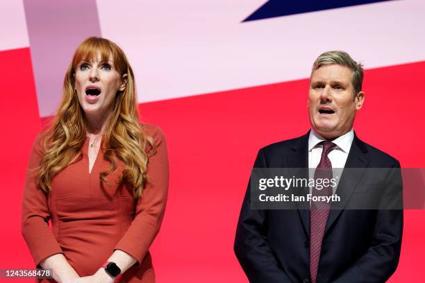 Angela Rayner, Deputy Leader of the Labour Party and Sir Keir Starmer, Leader of the Labour Party sing the national anthem on the final day of the...