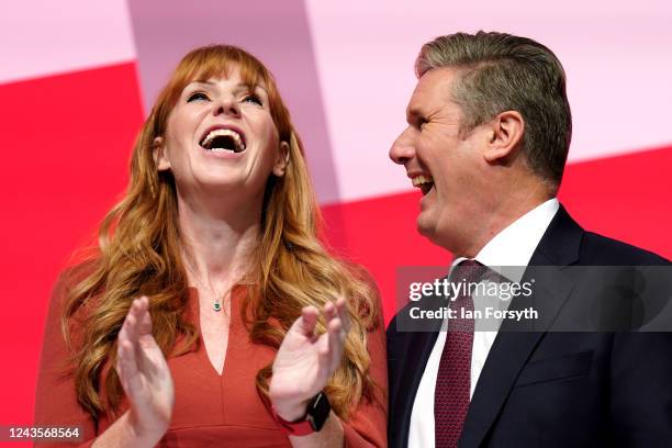 Angela Rayner, Deputy Leader of the Labour Party and Sir Keir Starmer, Leader of the Labour Party share a joke on the final day of the Labour Party...