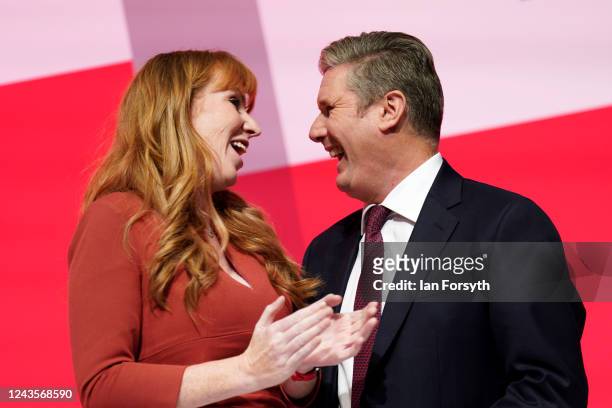 Angela Rayner, Deputy Leader of the Labour Party and Sir Keir Starmer, Leader of the Labour Party share a joke on the final day of the Labour Party...