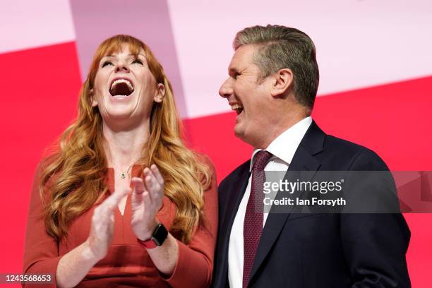 Angela Rayner, Deputy Leader of the Labour Party and Sir Keir Starmer, Leader of the Labour Party share a joke on the final day of the Labour Party...
