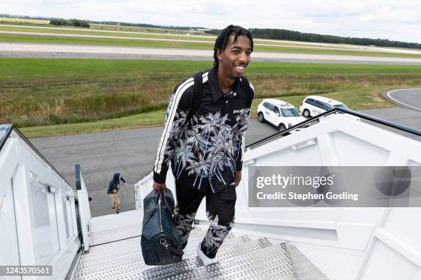 Delon Wright of the Washington Wizards boards the plane to Japan as part of the 2022 NBA Japan Games on September 27, 2022 in Washington, DC. NOTE TO...