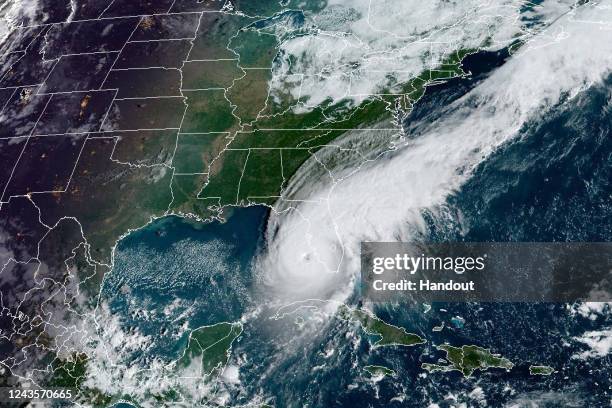 In this NOAA handout image taken by the GOES satellite at 13:26 UTC, Hurricane Ian moves toward Florida on September 28, 2022 in the Gulf of Mexico....