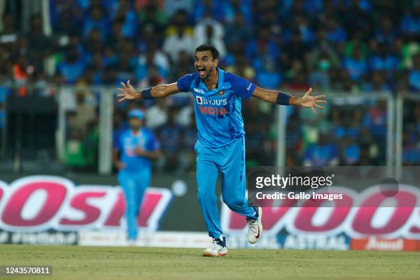 Harshal Patel of India appeals for the wicket of Aiden Markram of South Africa during the 1st T20 international match between India and South Africa...