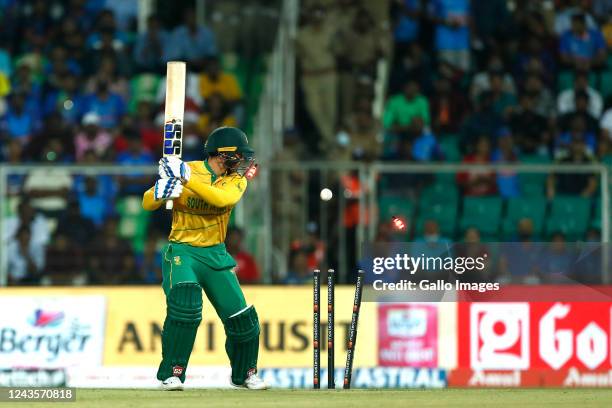 Quinton de Kock of South Africa blowed out by Arshdeep Singh of India during the 1st T20 international match between India and South Africa at...