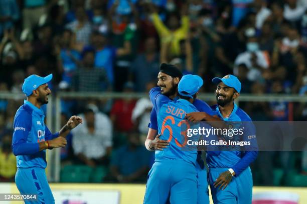 Arshdeep Singh of India celebrates the wicket of David Miller of South Africa during the 1st T20 international match between India and South Africa...