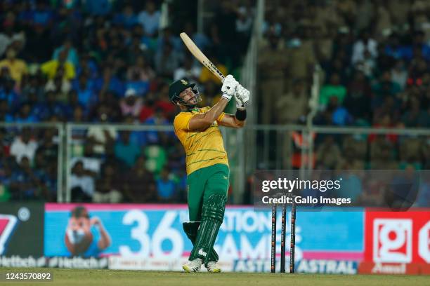 Aiden Markram of South Africa plays a shot during the 1st T20 international match between India and South Africa at Greenfield International Stadium...