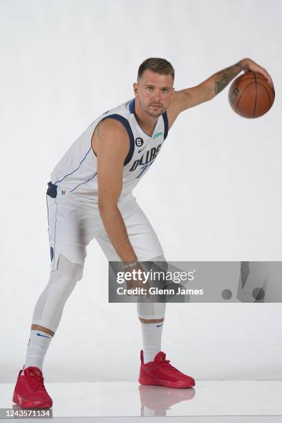 Luka Doncic of the Dallas Mavericks poses for a portrait during NBA Media Day on September 26, 2022 at American Airlines Center in Dallas, Texas....