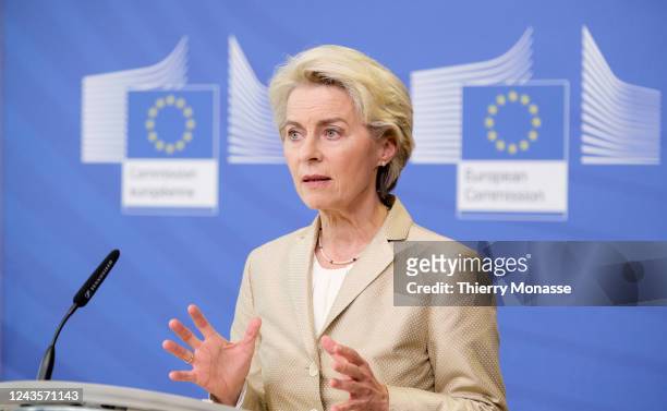 Commission President Ursula von der Leyen gives a press statement in the Berlaymont, the EU Commission headquarter on September 28, 2022 in Brussels,...
