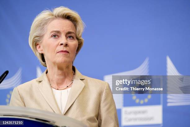 Commission President Ursula von der Leyen gives a press statement in the Berlaymont, the EU Commission headquarter on September 28, 2022 in Brussels,...