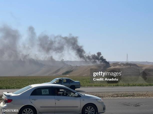 Smoke rises after Iranian forces carried out missile and drone attacks towards the Komala Party, the Democratic Party of Iranian Kurdistan and the...