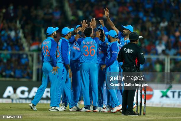 Harshal Patel of India appeals celebrates the wicket of Aiden Markram of South Africa during the 1st T20 international match between India and South...