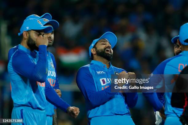 Rohit Sharma of India reacts as celebrates the wicket of Aiden Markram of South Africa during the 1st T20 international match between India and South...