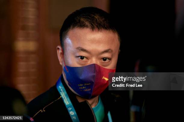 Coach Ma Lin of Team China speaks to the media during 2022 ITTF World Team Championships Finals draw ceremony at InterContinental on September 28,...