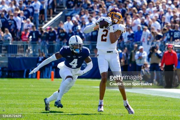 Central Michigan Chippewas Wide Receiver Caroles Carriere makes a catch with Penn State Nittany Lions Cornerback Kalen King defending during the...