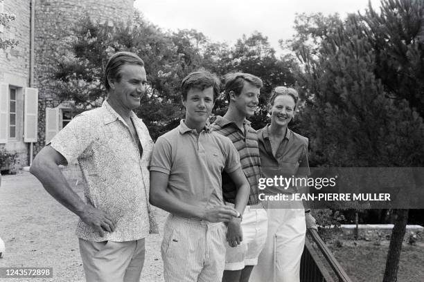 Queen Margrethe II of Denmark vacances with Henrik and their sons prince Joachim de Danemark and prince Frederik of Denmark at their chateau of Caix,...