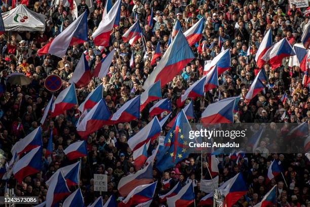 People gather to protest against the Czech government and the way it has been handling the energy crisis and soaring prices at Wenceslas Square in...