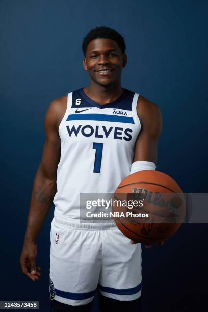 Anthony Edwards of the Minnesota Timberwolves poses for a portrait during NBA Media Day on September 26, 2022 at Target Center in Minneapolis,...