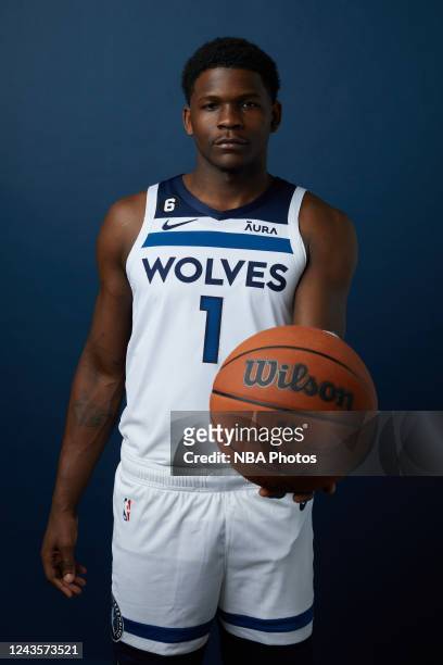 Anthony Edwards of the Minnesota Timberwolves poses for a portrait during NBA Media Day on September 26, 2022 at Target Center in Minneapolis,...