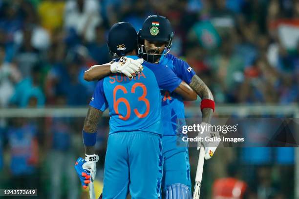 Suryakumar Yadav and KL Rahul of India celebrate the victory during the 1st T20 international match between India and South Africa at Greenfield...