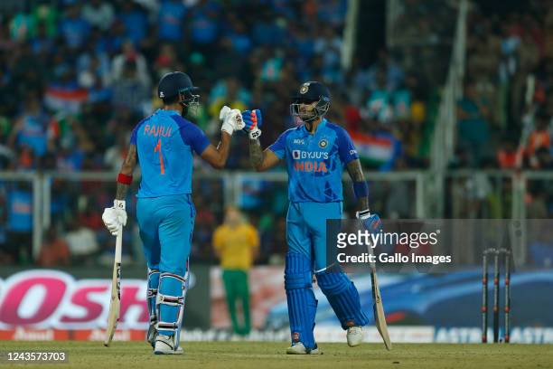 Rahul of India and Suryakumar Yadav of India during the 1st T20 international match between India and South Africa at Greenfield International...